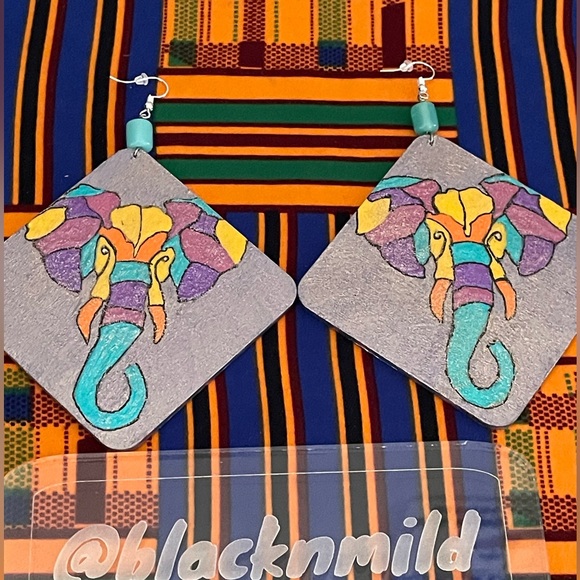 Hand Crafted Jewelry - Hand Painted Afrocentric 3D Earrings “No Elephants Left Behind”